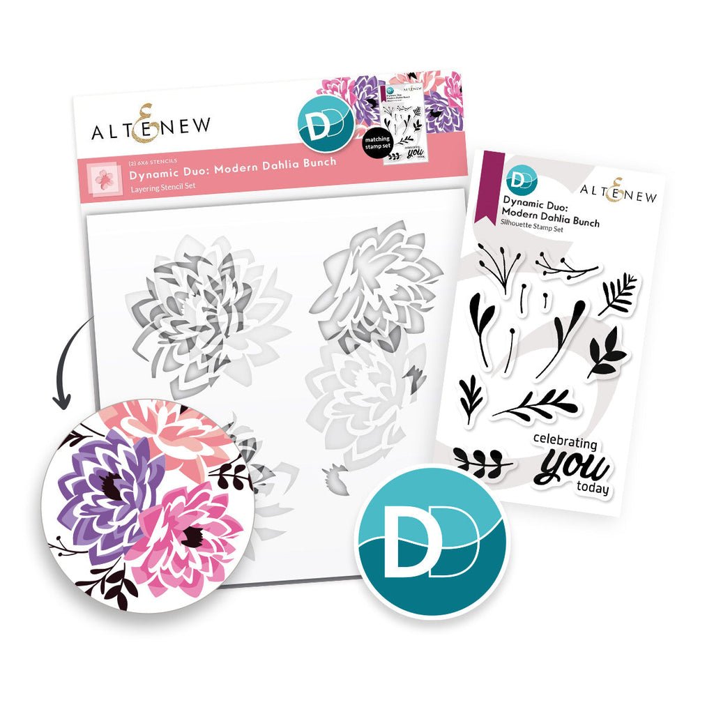 Altenew Dynamic Duo: Modern Dahlia Stencil Schablone 15x15cm und clear Stamp 3x4 Modern Dahlia Bunch
