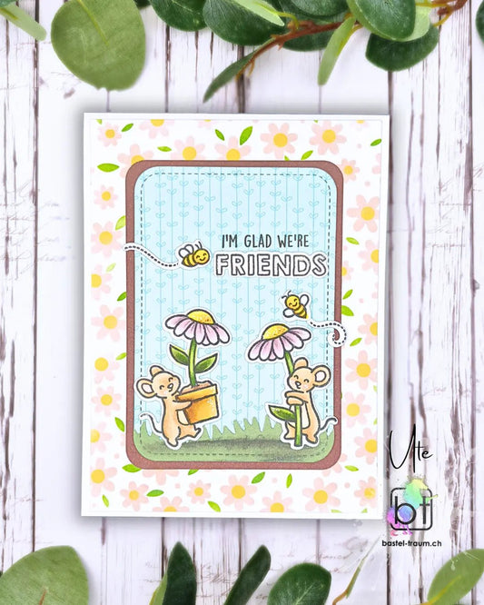 Lawn Fawn Spring Flower Stencil mit Stitched Rounded Rectangle und Blissful Blossoms paper und Mice Flowers Stempelset
