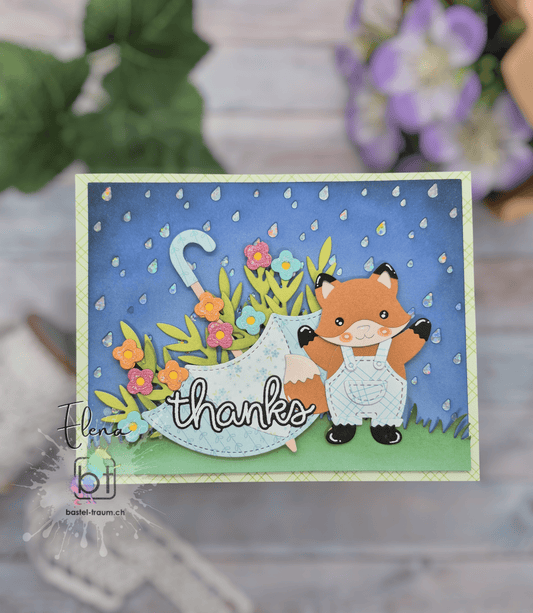 Materialien ✂️ 📏
Stanzen
Build a fox
Backtrope Landscape Rainy day
Stitched a Umbrella
Build-A-Wheelbarrow
Stempel
Scripty Autumn Sentiments
Distress Oxides
Studiolight Paper Pad