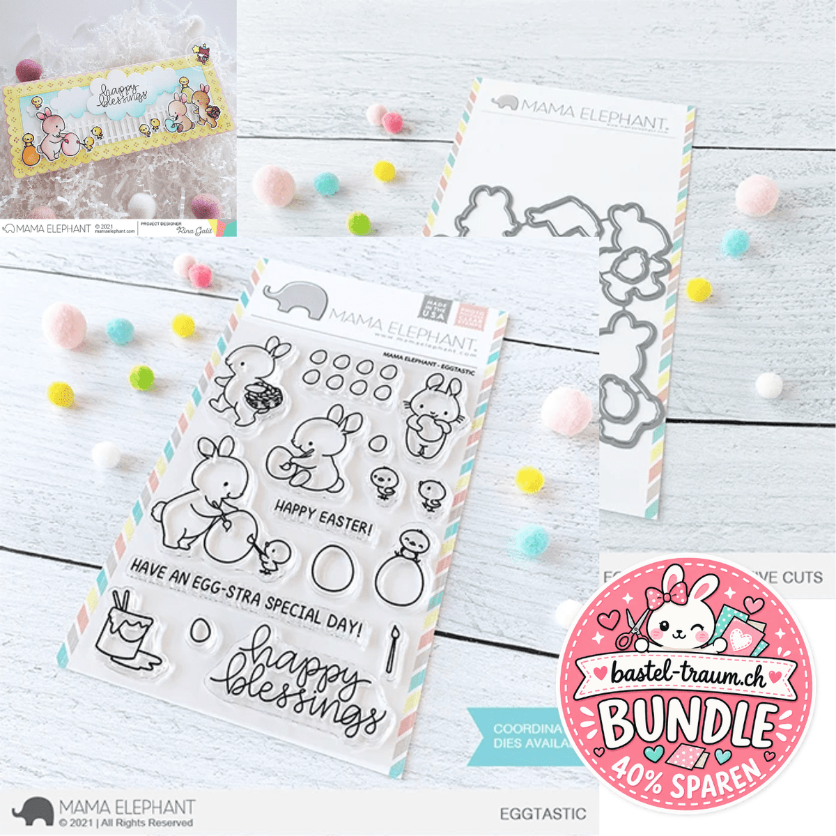 Mama Elephant Eggtastic Clear Stamps 4x6 + Creative Cuts Stanzen