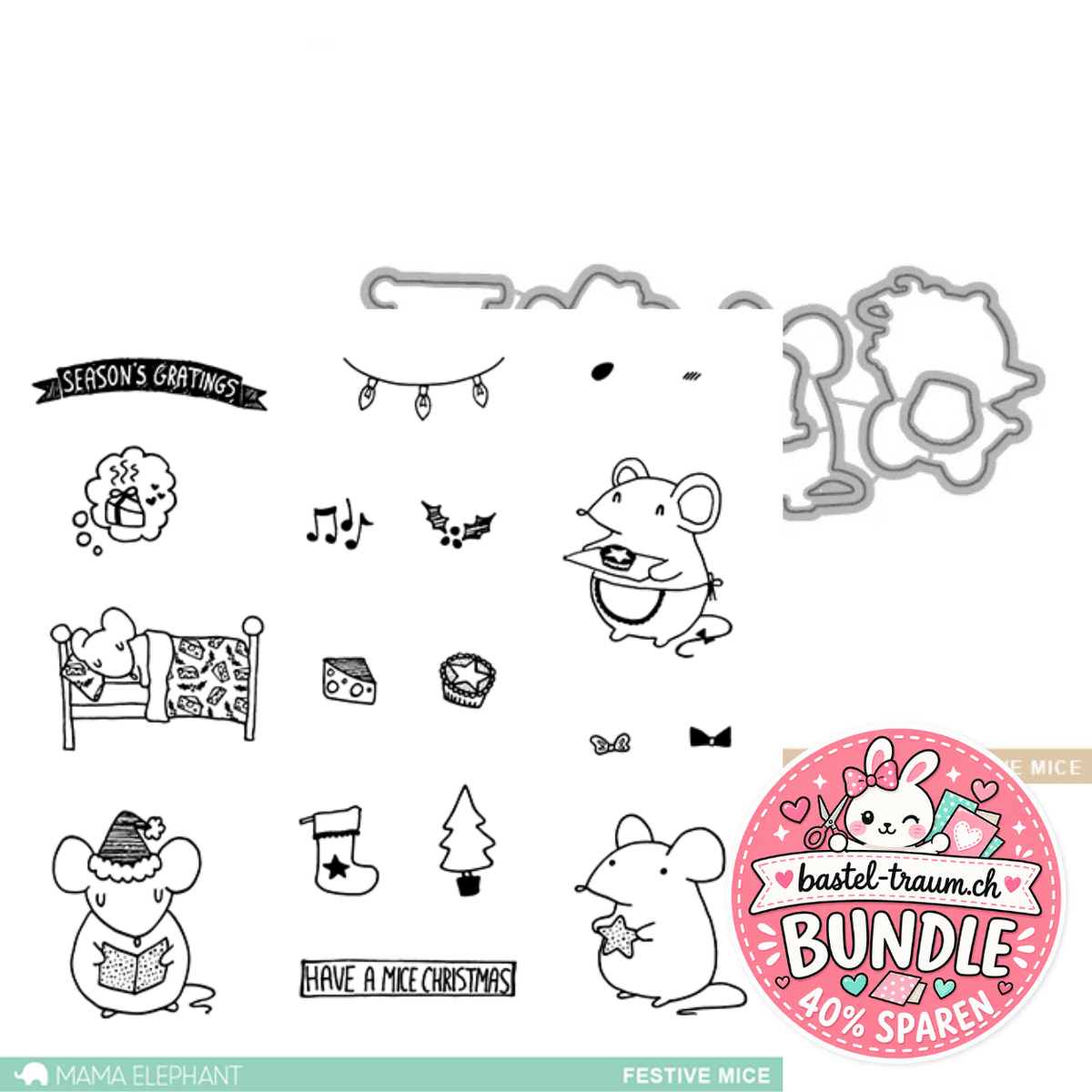 Mama Elephant Festive Mice Clear Stamps 4x6 + Creative Cuts Stanzen