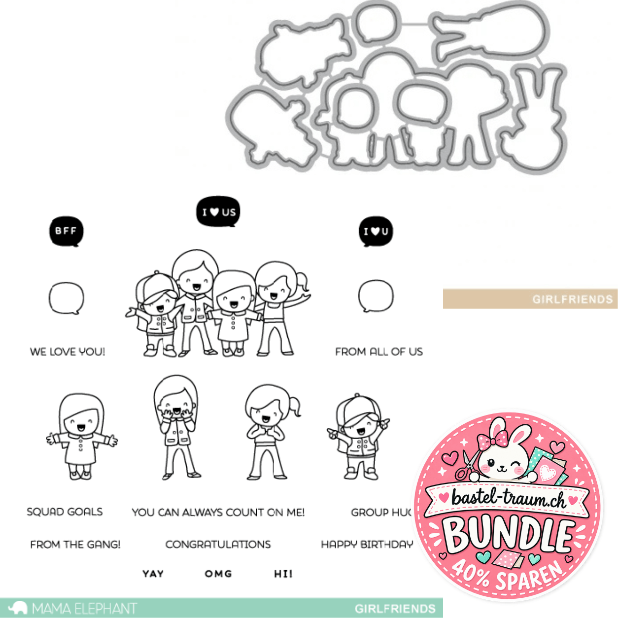 Mama Elephant Girlfriends Clear Stamps 4x6 + Creative Cuts Stanzen