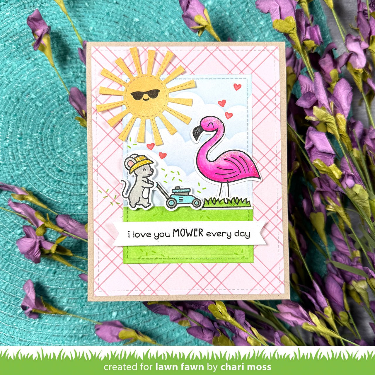 Beispielkarte mit Flamingo: Clear Stamp Set 5,1×7,6 cm I Love You Mower von Lawn Fawn