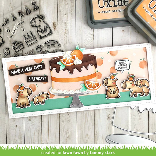 Beispielkarte mit Capibaras, Torte und Früchten: Clear Stamp Set 10,2×15,2 cm Capybaras von Lawn Fawn