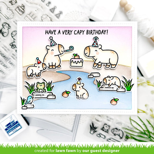 Beispielkarte mit Capibaras, Frosch, Vogel, Früchten, Stream, Teich, Torte usw. Add-On Clear Stamp Set 5,1×7,6 cm Capybaras von Lawn Fawn