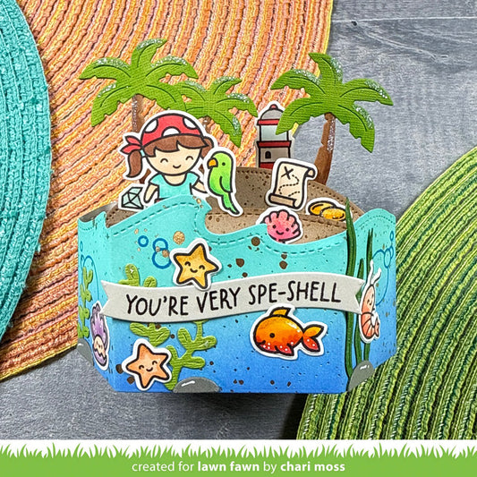 Beispielkarte mit Seestern, Fisch, Muschel, Schrimps, Bubbles und Seegras: Clear Stamp Set 7,6×10,2 cm Shello, Friend von Lawn Fawn