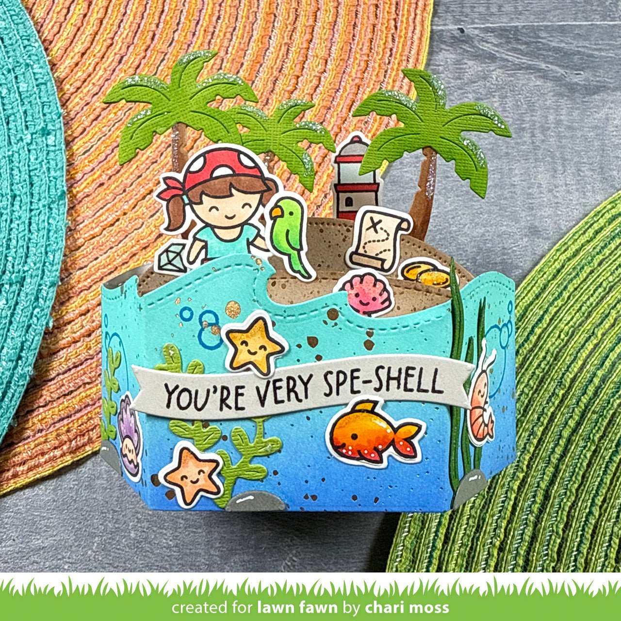 Beispielkarte mit Palmen, Strand und Piratenschatz: Palm Tree Inserts Pop-Up von Lawn Fawn