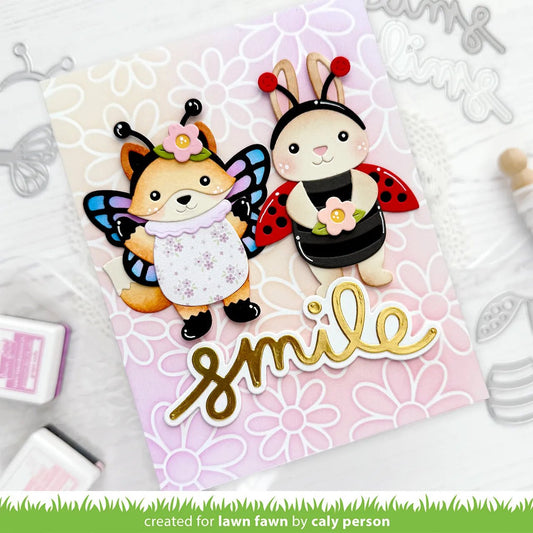 Grusskarte mit Fuchs und Hase darunter Text mit Outline "smile"