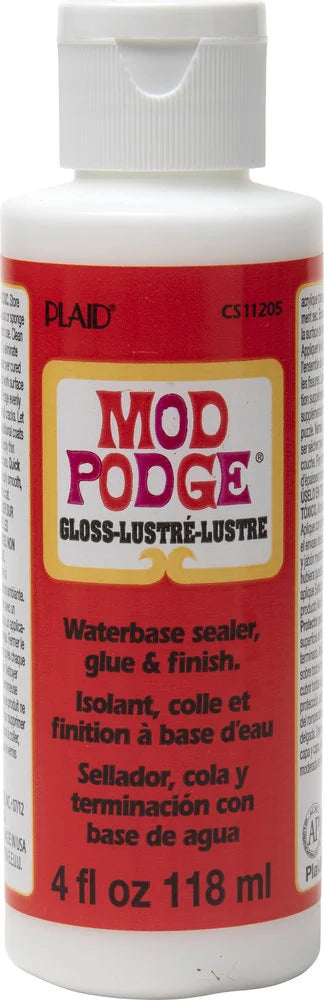 Mod Podge Gloss 118 ml, transparenter Bastelkleber und Versiegelung mit glänzendem Finish in weisser Flasche mit rotem Etikett.