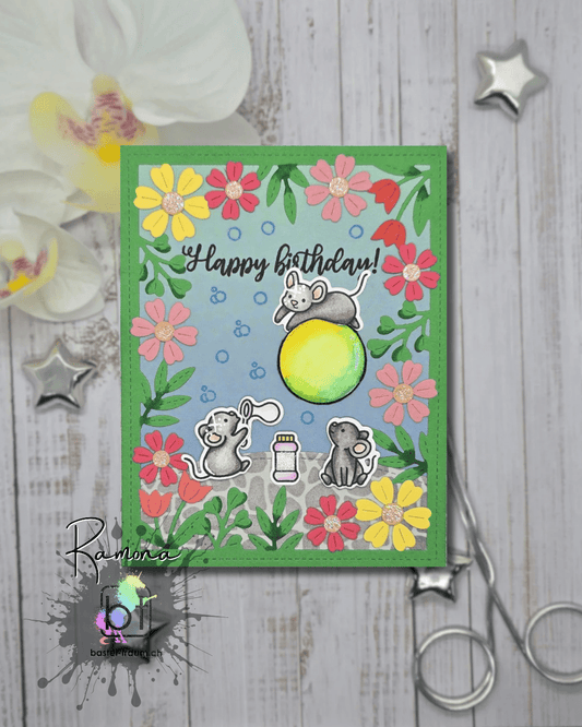 Lawn Fawn - Spring Flowers Backdrop - Stand Alone Stanze und bubbles of joy Stempelset