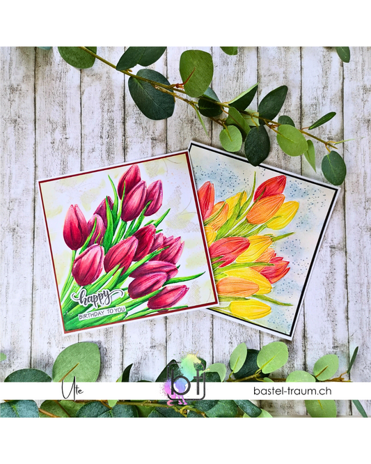 Beispielbild mit zwei Karten, Tulpen in verschiedenen Farben (pink -rot und Gelb-Orange) Altenew 3 D Embossingfolder