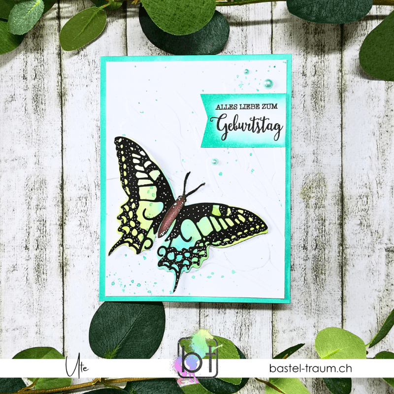 mit Aquarelltechnik gefärbtes Papier in gelb, türkisgrün bis hellgrün und dann dieses Produkt der Schmetterlingsstanze ausgestanzt, mit den Details in schwarz als Layer auf den blauen Schmetterlingsrohling, der letzte Layer ist der Schmetterlingskörper, der braun koloriert wurde. Dieser liegt auf dem Prägefolder, der einfach in Weiss gehalten wurde, um den Schmetterling in Szene zu setzen.