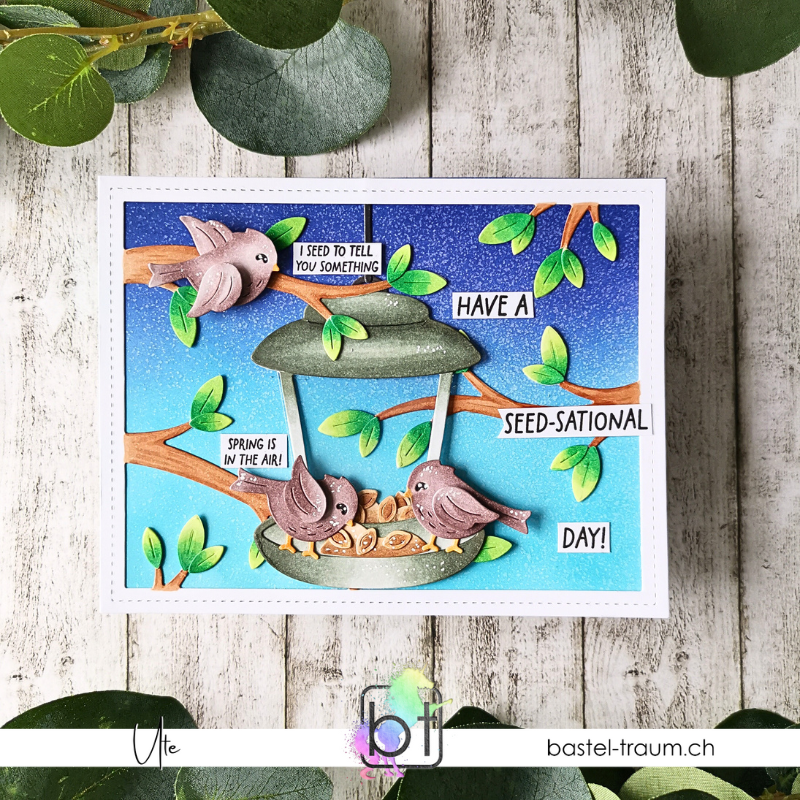 Detailreiche Szene mit drei Vögeln am Futterspender, gestaltet mit Lawn Fawn Stempeln und Stanzen aus dem New Release 2025. Die Karte zeigt die Sprüche „Spring is in the air“, „Have a seed-sational day!“ und „I seed to tell you something“, liebevoll ins Bild integriert. Hintergrund mit Farbverlauf, gestaltet von Ute für bastel-traum.ch.