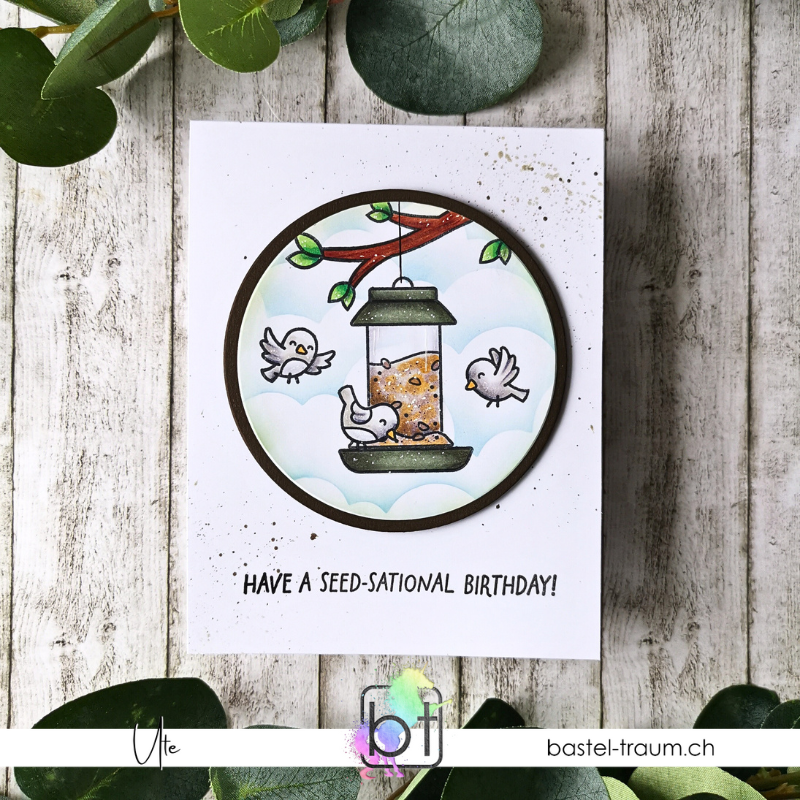 Handgemachte Geburtstagskarte mit runden Motiv: drei süsse Vögel um einen gefüllten Futterspender, gestaltet mit Produkten aus dem Lawn Fawn New Release 2025. Text: "Have a seed-sational birthday!" – Design von Ute für bastel-traum.ch auf Holzhintergrund fotografiert.