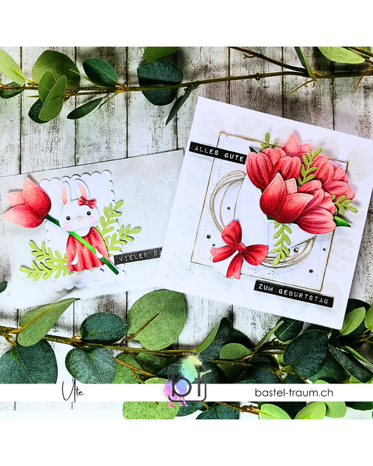 zwei Beispielkarten mit den schönen roten Tulpen von Lawn Fawn , Sentiments genutzt von Altenew