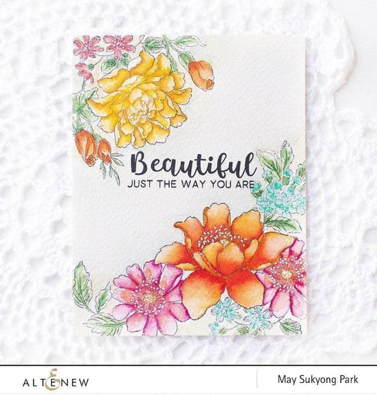 Beispielkarte mit den Pfingstrosen von Beautiful Day Clear Stamp Set 6×8 – Pfingstrose