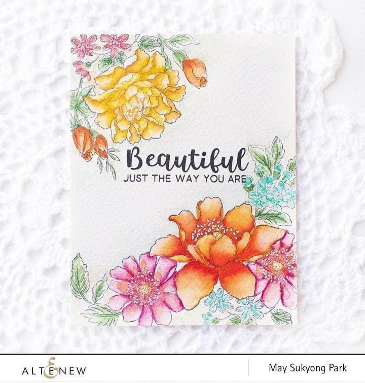 Beispielkarte mit den Pfingstrosen von Beautiful Day Clear Stamp Set 6×8 – Pfingstrose