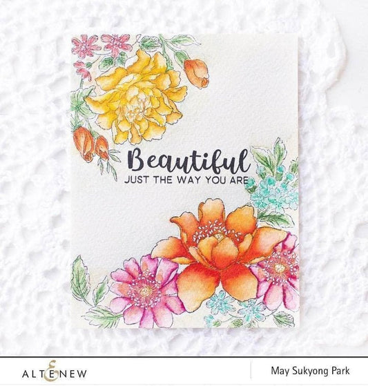 Beispielkarte mit den Pfingstrosen von Beautiful Day Clear Stamp Set 6×8 – Pfingstrose