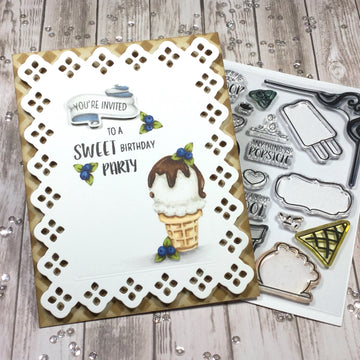 Beispielkarte mit You're invited to a Sweet Birthday Party von Party Time Clear Stamp Set 4×4 von LDRS – Einladungs-Stempel