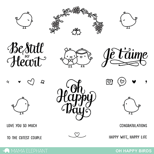 Das Set enthält 23 Stempel. Sieben Sentimente und sechzehn Bilder. Grösse: Oh Happy Day 4.4cm x4.8cm, Vogel Päärchen 3.8cm x 2.2cm, Blumenbogen 6.35cm x 3.5cm.