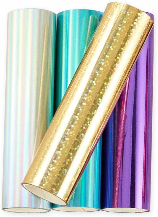 4 Rollen Spellbinders Hot Foil Folien in holografisch, teal, Violet und gold sparkle.