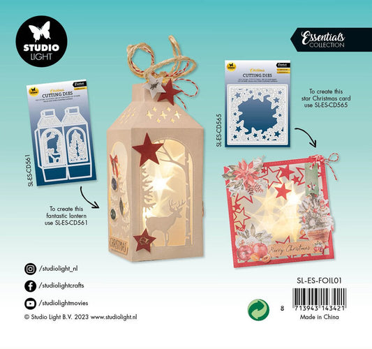 Beispiele wie eine Laterne oder Karte mit der Sternfolie. Studio Light Star Foil 180 x 180 mm – glänzende Folien für kreative Weihnachts- und Bastelprojekte