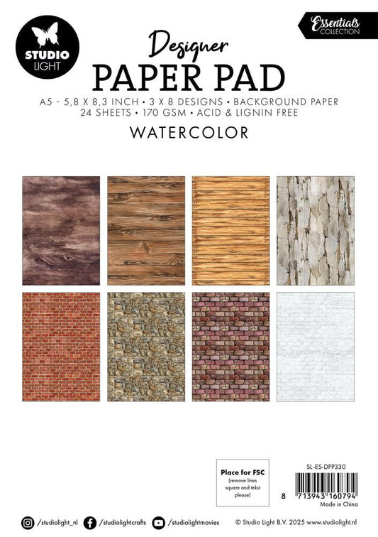 Studio Light Watercolor A5 Designer Paper Pad – 24 Blatt Aquarellpapier für Scrapbooking & Karten (SL-ES-DPP330)