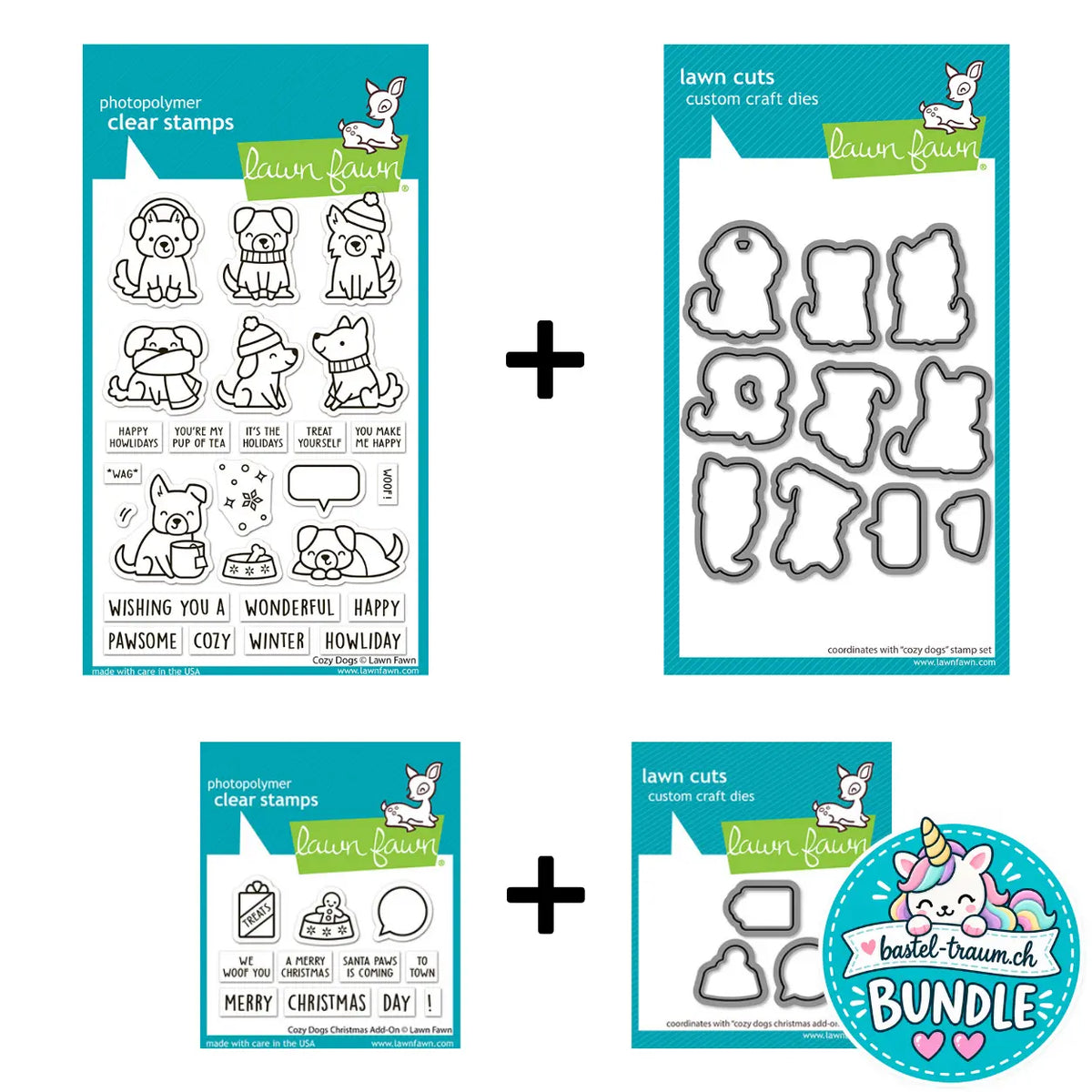 Lawn Fawn Cozy Dogs + Christmas Add-On Stempel + Stanzen