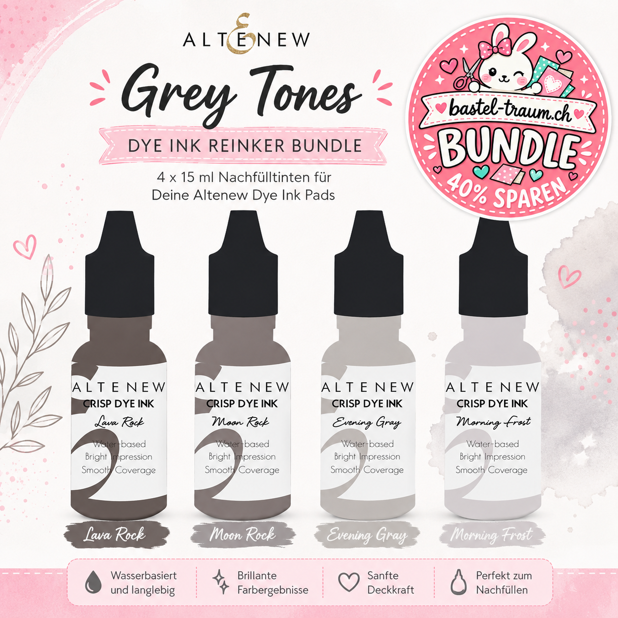 Altenew Dye Ink Reinker Grey Tones Bundle – 4 × 15 ml