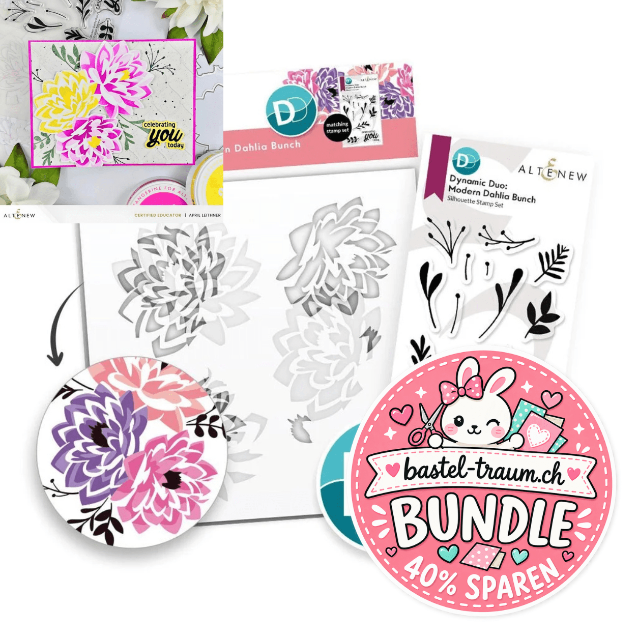 Altenew Dynamic Duo: Modern Dahlia Stencil Schablone 15x15cm und clear Stamp 3x4 Modern Dahlia Bunch