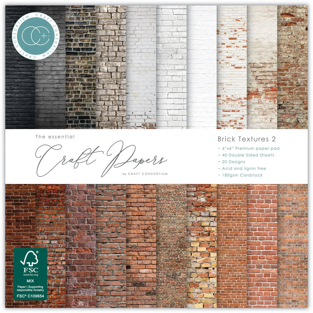 Craft Consortium Essential Craft Papers Brick Textures 2, Papierblock 6x6 Inch mit verschiedenen Backsteinmotiven