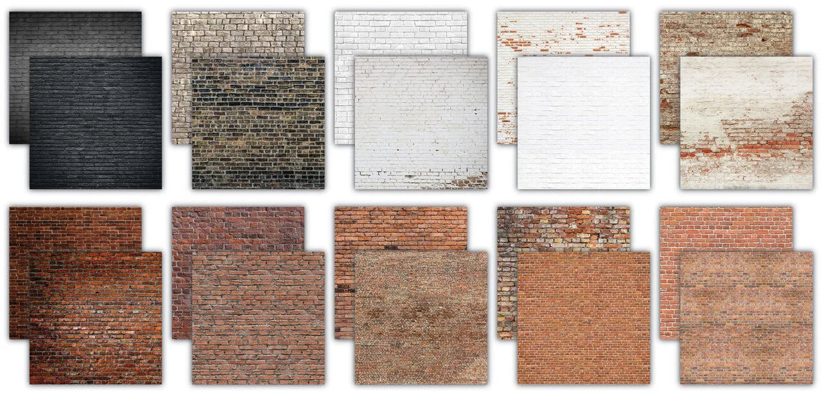 Übersicht der verschiedenen Backsteinmuster und Mauertexturen aus dem Craft Consortium Papierblock Brick Textures 2