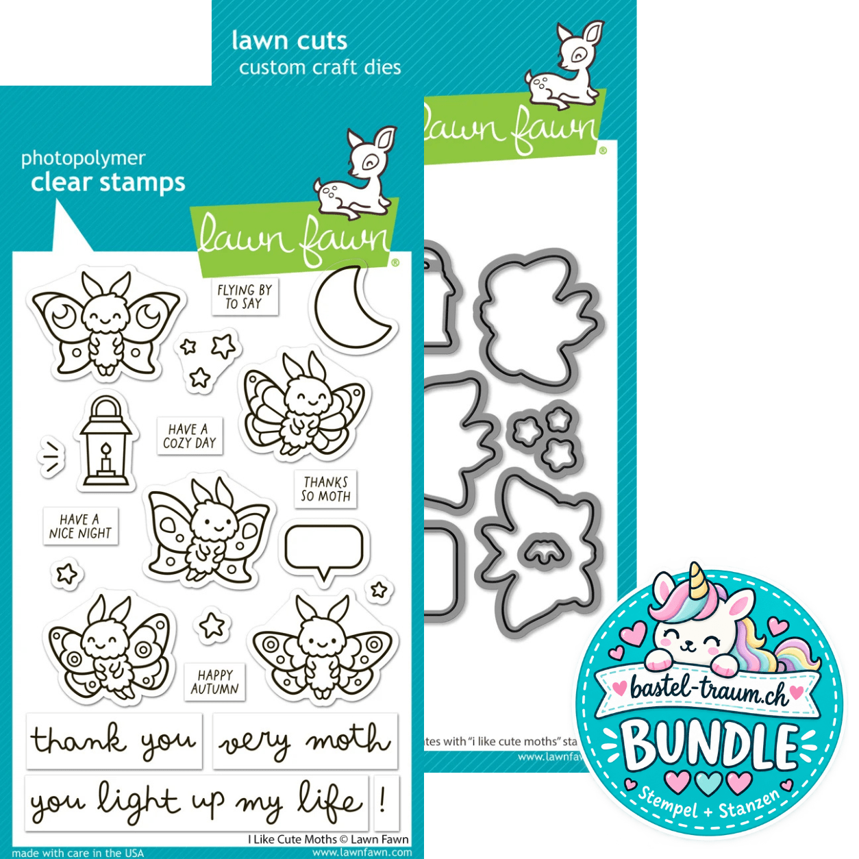 Lawn Fawn I Like Cute Moths Clear Stamp Set + Lawn Cuts