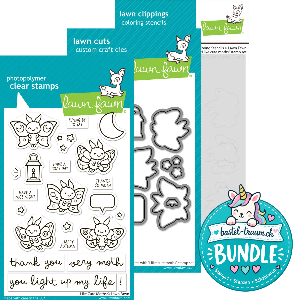 Lawn Fawn I Like Cute Moths Clear Stamp Set + Lawn Cuts + Coloring Stencils