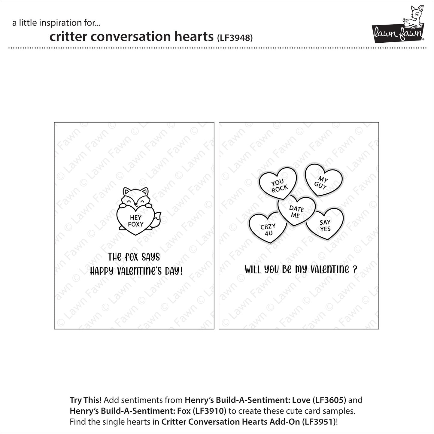 Lawn Fawn Critter conversation hearts Clear Stamp Set 4x6 Tierchen mit Herztafel