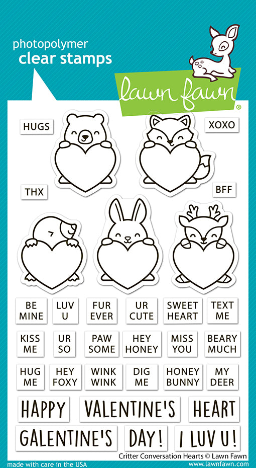 Lawn Fawn Critter conversation hearts Clear Stamp Set 4x6 Tierchen mit Herztafel