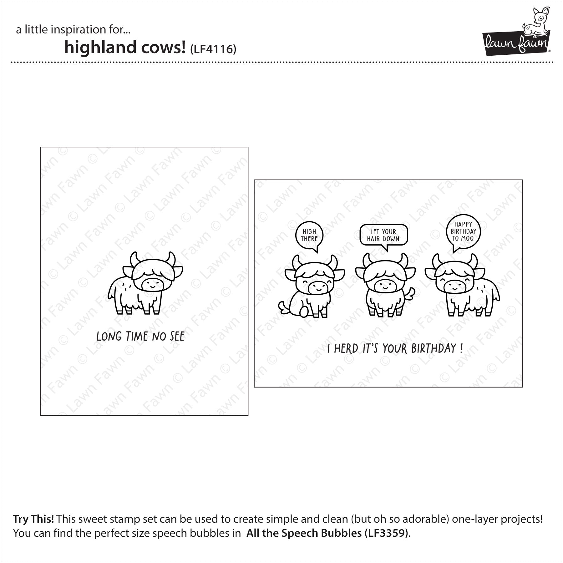 Lawn Fawn Highland Cows Clear Stamp Set mit passenden Motiven und Sentimenten