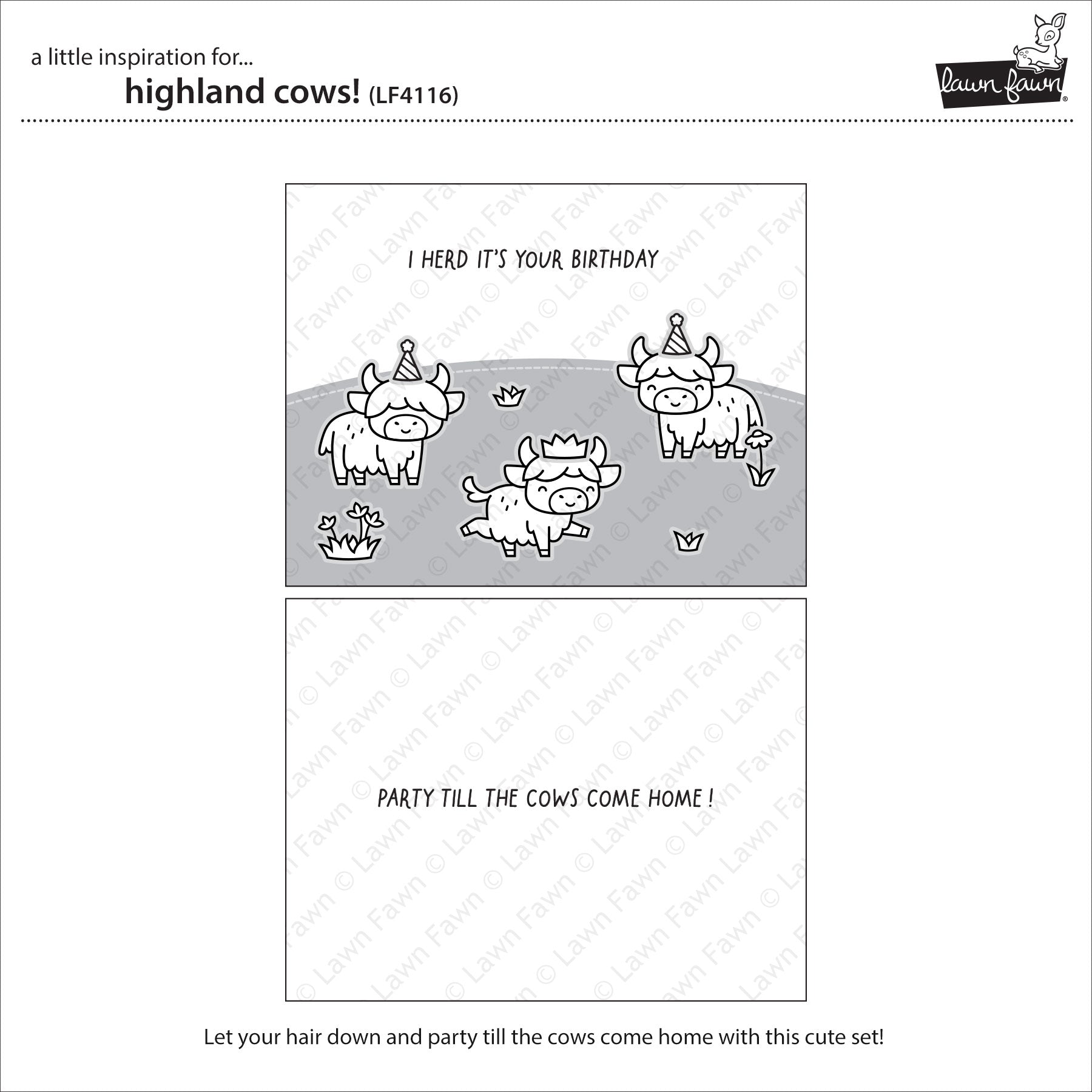 Lawn Fawn Highland Cows Clear Stamp Set mit passenden Motiven und Sentimenten