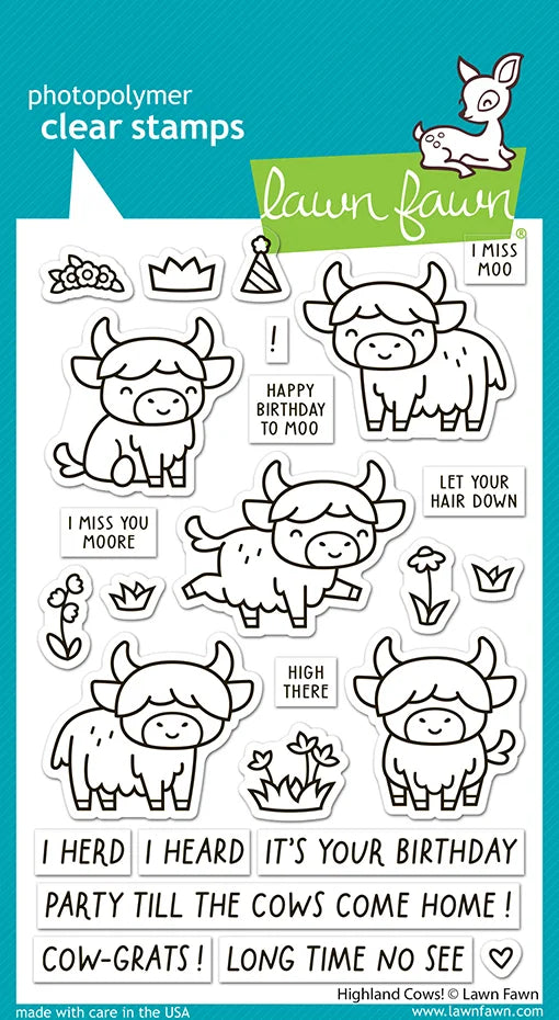 Lawn Fawn Highland Cows Clear Stamp Set mit passenden Motiven und Sentimenten