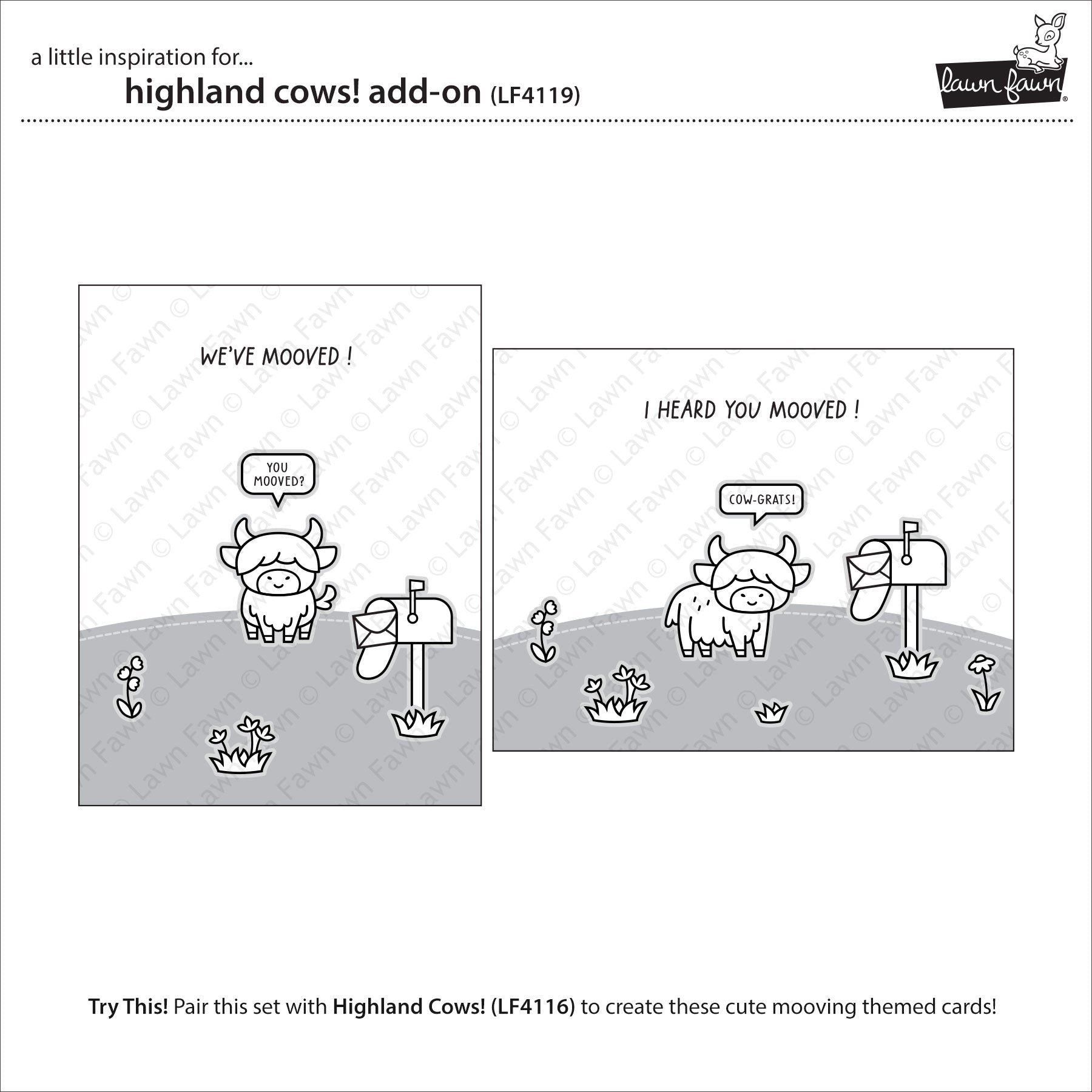 Vorschlag für eine Karte mit Lawn Fawn Highland Cows! Add-On Clear Stamp Set mit passenden Motiven und Sentimenten