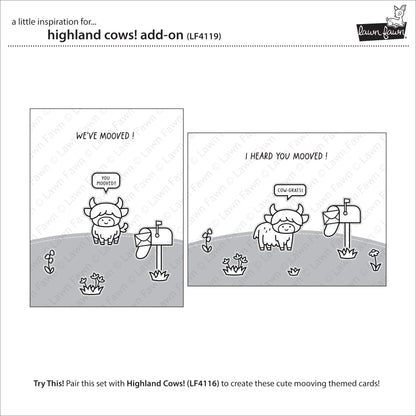 Vorschlag für eine Karte mit Lawn Fawn Highland Cows! Add-On Clear Stamp Set mit passenden Motiven und Sentimenten