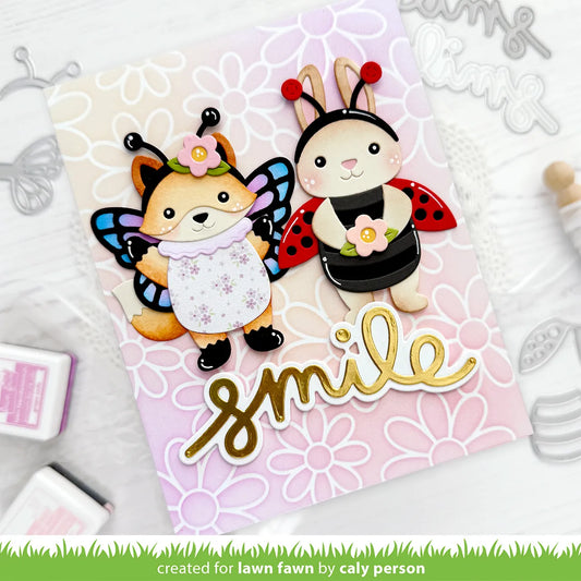 Grusskarte mit Fuchs und Hase darunter Text mit Outline "smile"
