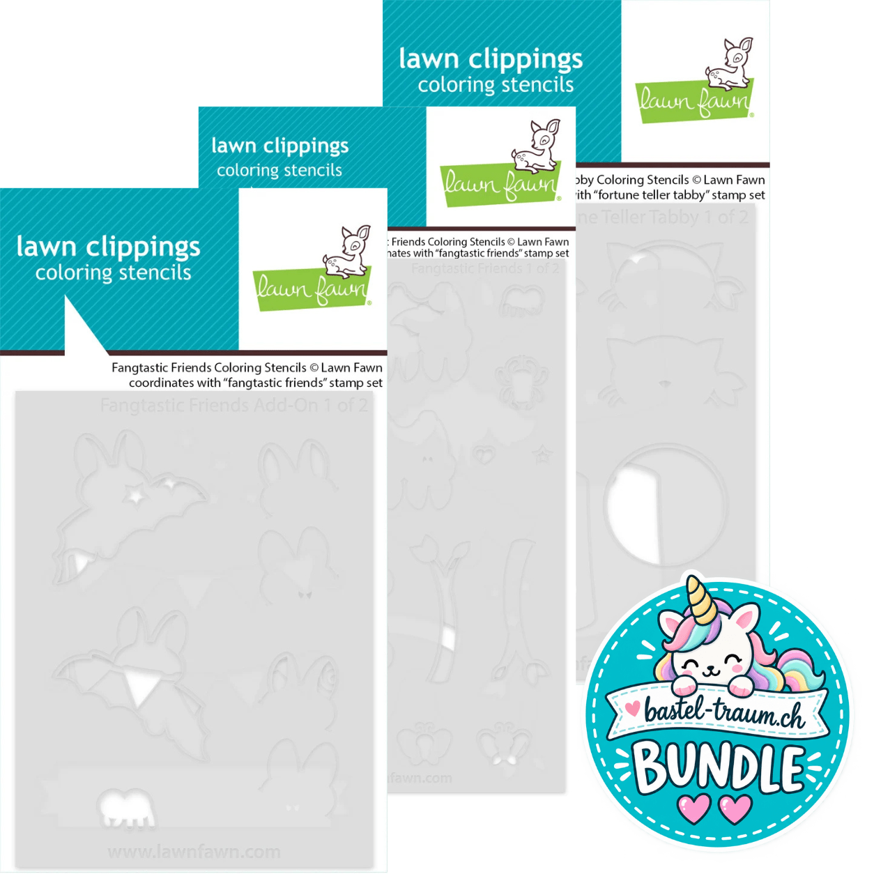 Lawn Fawn Coloring Stencils Fangtastic Friends + Fangtastic Friends Add-on + Fortune Teller Tabby