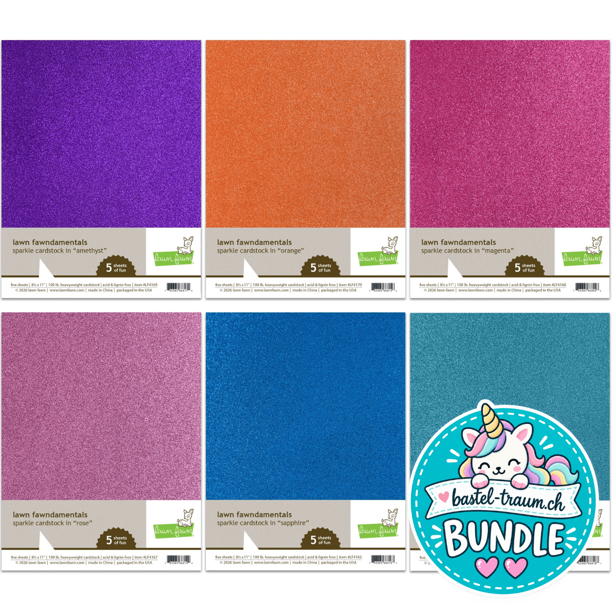 Lawn Fawn Sparkle Cardstock 6x3er Pack Orange + Amethyst + Magenta + Rose + Aquamarin + Sapphire