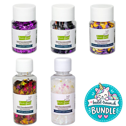 Lawn Fawn Tiny Treasures Iridescent Stars Confetti + Fall Leaf Confetti Mix + Purple Stars Confetti + Halloween Sequin Mix +  Lawn Fawn Halloween Moon and Star Clay Pieces Tiny Treasures Lawn Fawn Halloween Moon and Star Clay Pieces
