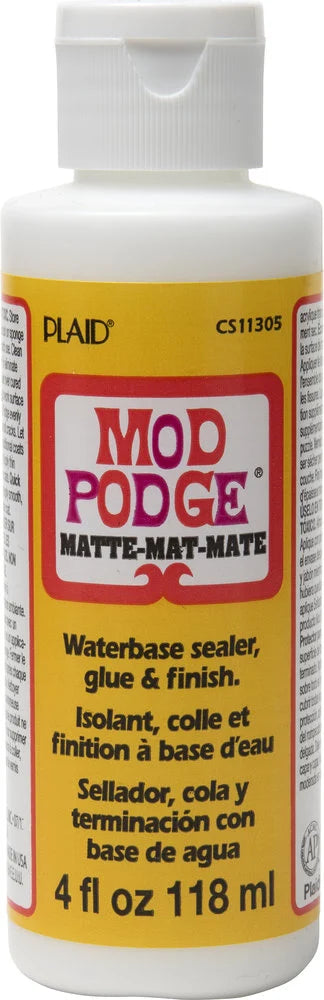 Mod Podge Matte 118 ml, transparenter Bastelkleber und Versiegelung mit mattem Finish in weisser Flasche mit gelbem Etikett.
