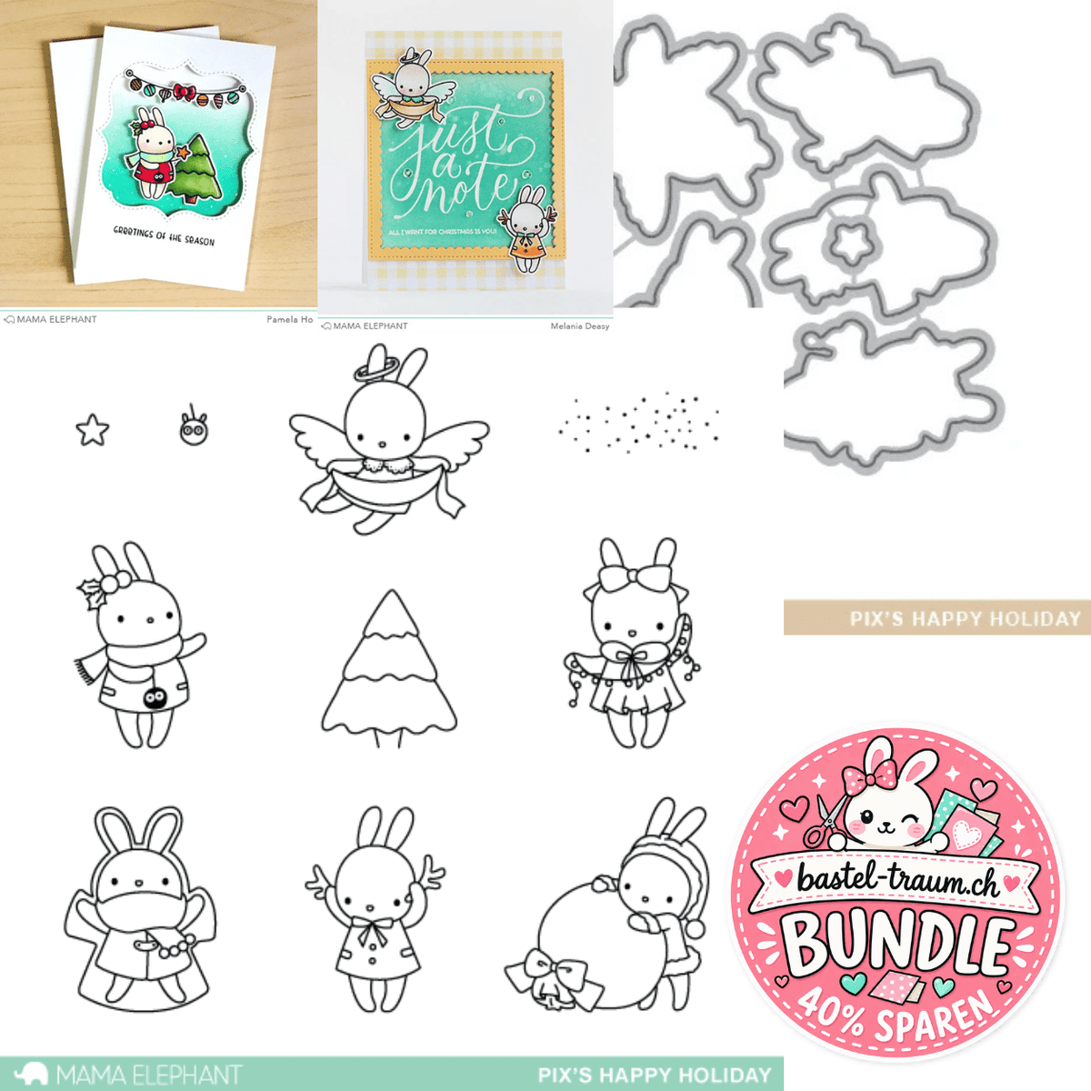 Mama Elephant Pix's Happy Holiday Clear Stamps 4x6 + Creative Cuts Stanzen