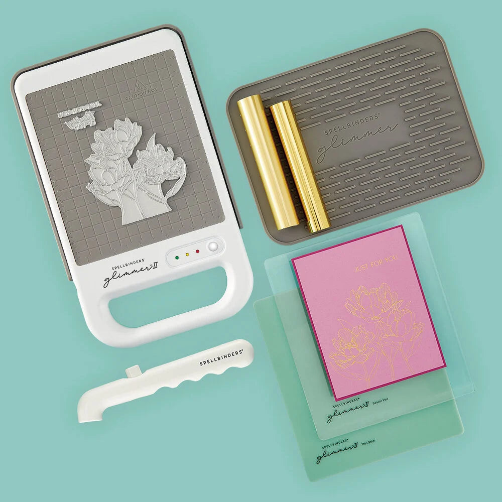 Spellbinders Glimmer II Hot Foil System mit Heizplattform, Folienrollen und mitgeliefertem Zubehör