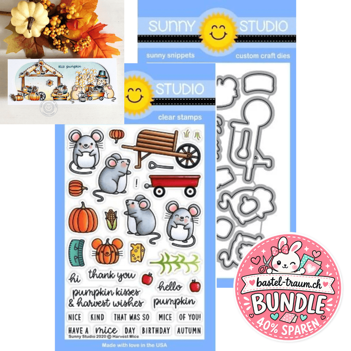 Sunny Studio Harvest Mice Clear Stamps 4x6 + Stanzen