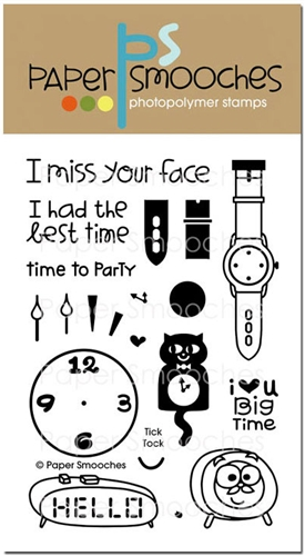 stempelset Tick Tock mit Wecker, Uhren, Zeiger und Sentimenten